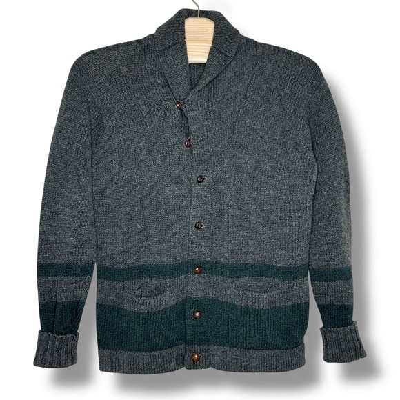 Vintage Polo Ralph Lauren Mens Varsity Wool Cardigan Sweater Gray Green Stripe